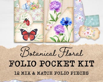 May include: A collection of botanical-themed folio pocket kit pieces. The kit includes various paper pieces with floral and butterfly illustrations, along with the text "Botanical Floral FOLIO POCKET KIT" and "12 MIX & MATCH FOLIO PIECES".