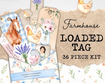 Farmhouse Junk Journal Loaded Tag Kit | Cottagecore Shabby Chic bedrukbaar label, zakken en ephemera | Vintage boerderijpapier voor het knutselen van plakboeken