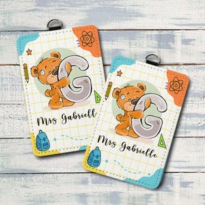 Porte-badge ours mignon lettre G, étiquette personnalisée pour carte d'identité d'enseignant, lanière personnalisée pour étudiants, enfants, infirmières, cadeau pour bureau d'école