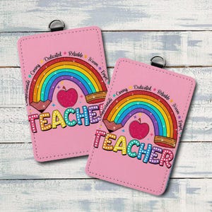Porte-badge d'enseignant arc-en-ciel, Médaille d'identité rose pailletée avec mots positifs, Joli cadeau de rentrée pour les enseignants, Lanière de classe