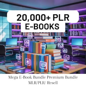 Puede incluir: Una pila de libros coloridos con iconos digitales, que promociona un gran paquete de libros electrónicos. La imagen presenta el texto "20,000+ PLR E-BOOKS" en una pancarta blanca. La escena está ambientada en una oficina moderna.