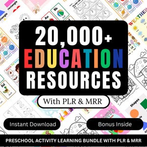 May include: A collection of educational resources for preschool activities. The image features flashcards, worksheets, and a large black rectangle with the text "20,000+ EDUCATION RESOURCES" in colorful letters. Additional text includes "Instant Download" and "Bonus Inside."