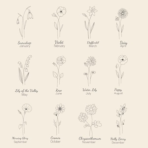 Birth Month Flower Line Art | Minimalist Botanical Wall Art | Floral Birthday Gift for Her | Zodiac Month Flower Poster