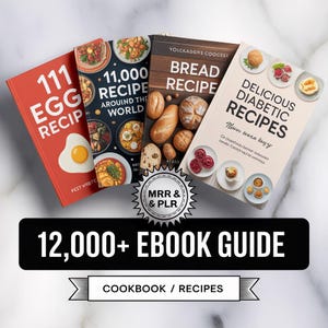 May include: Four cookbooks are shown: "111 Egg Recipe", "11,000 Recipe Around the World", "Bread Recipe", and "Delicious Diabetic Recipes". The image also includes the text "12,000+ Ebook Guide" and "Cookbook / Recipes".