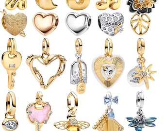 Pulsera con dijes chapados en oro de 14 quilates y plata: dijes de corazón, mariposa y flor, dijes colgantes para pulsera, dijes compatibles.