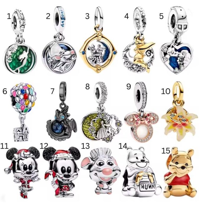Bracelet 14K Gold Plated/Silver Disney Charms - Winnie Pooh, Mickey Mouse Charms - Bracelet Dangle Charms - Compatible Charms image 2