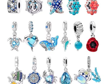 Dijes colgantes para pulsera de plata 925 - Dijes de océano, tortuga marina y flores - Dijes colgantes para pulsera - Dijes compatibles