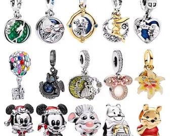 Pulsera chapada en oro de 14 quilates/plata con dijes Disney - Dijes de Winnie Pooh y Mickey Mouse - Dijes colgantes para pulsera - Dijes compatibles