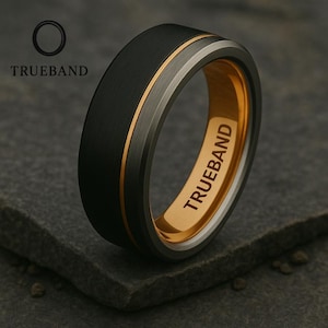 TRUEBAND Black Silver & Rose Gold Tungsten Ring • Rose Gold Groove Band • Gift Wedding Anniversary Casual Ring • 6/8mm Bands
