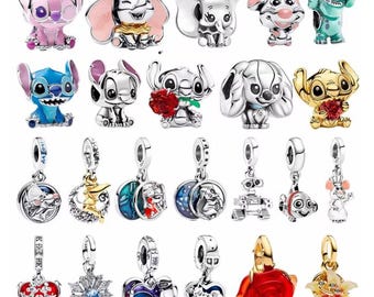 Pulsera chapada en oro de 14 quilates/plata con dijes Disney - Dijes de Stitch y Monsters Inc - Dijes colgantes para pulsera - Dijes compatibles