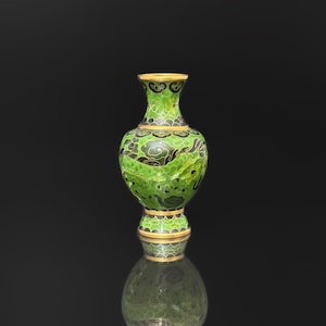 Chinese Cloisonné Antique Miniature Vase with Dragon, Green Enamel