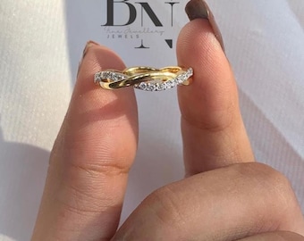 Anillo de oro de 14k con diamantes infinitos / Anillo de eternidad con pavé cruzado, apilable para aniversario de boda