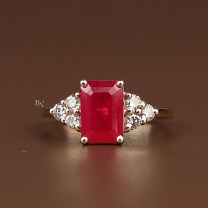 2ct Emerald Cut Red Lab Diamond Engagement Ring | 14K Yellow Gold | Hidden Halo | Triple Cluster Side Stone | Type IIa | IGI Certified Ruby