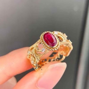 1.00 CT Vintage Ruby Ring | Ruby Engagement Ring | Art Nouveau Yellow Gold Ring | Ornate Filigree Band | July Birthstone Gift | 18K Gold