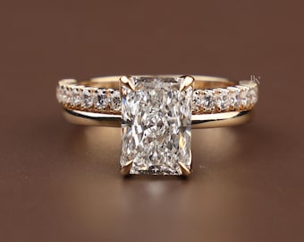 3.50ct Radiant Cut Lab Grown Diamond Engagement Ring | Hidden Halo Pave Bridal Set | 14K Yellow Gold Anniversary Ring |