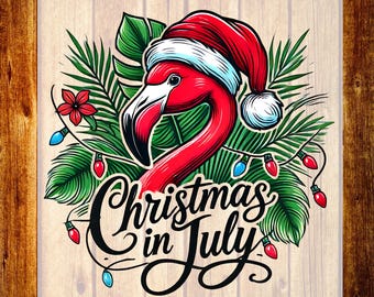 Diseño de camiseta navideña en julio con estampado de flamenco rosa y Papá Noel, ideal para fiestas en la playa.