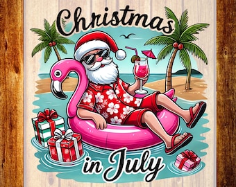 Diseño de camiseta "Playa Tropical DTF", "Navidad en Julio", "Flamenco Papá Noel de Verano Listo para Imprimir"