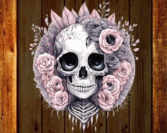 May include: A DTF TRANSFER READY TO PRESS graphic featuring a white skull surrounded by a wreath of soft pink and grey roses and leaves. The design is centered against a dark brown vertical wood plank background with yellow text at the top and bottom.