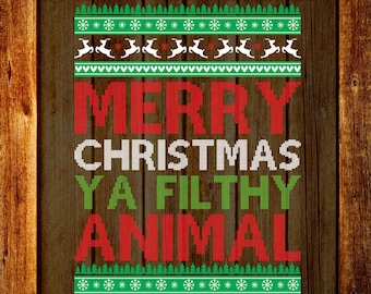 May include: DTF transfer design with the text "MERRY CHRISTMAS YA FILTHY ANIMAL" in red, white, and green. The design includes reindeer and Christmas tree patterns, set against a wood grain background.