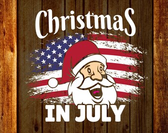 Bandera de EE. UU. Papá Noel DTF Transferencia, Diseño de camiseta Navidad en julio, Patriótico americano listo para prensar