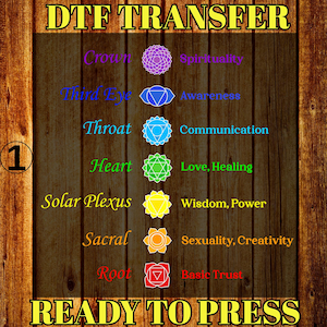 May include: A DTF transfer design featuring the seven chakras, each represented by a color and associated with a concept like spirituality, awareness, and communication. The text "READY TO PRESS" is at the bottom.