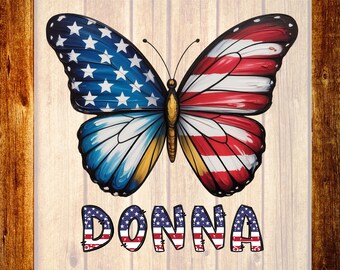 Transferencia digital DTF de mariposa patriótica personalizada, diseño personalizado para camiseta estadounidense, bandera estadounidense lista para planchar.