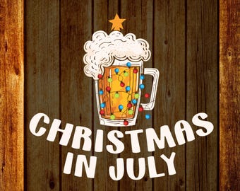 Transferencia digital para jarra de cerveza con árbol de Navidad, diseño para camiseta de fiesta de vacaciones de verano, lista para planchar.