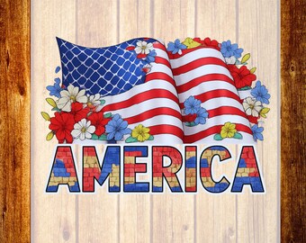 Floral America Flag DTF Transfer, Red White Blue Shirt, Patriotic Wildflowers Ready To Press