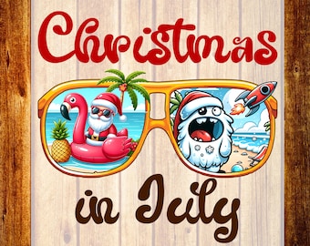 Gafas de sol de Papá Noel de verano, diseño DTF, camiseta navideña en julio, vacaciones en Hawái, listo para imprimir.