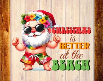 La Navidad es mejor en la playa. Diseño de camiseta navideña de Papá Noel para verano, listo para imprimir.