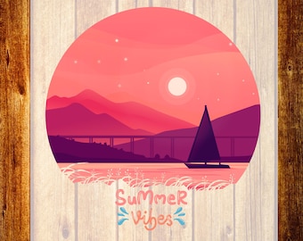 Summer Vibes DTF Transfer, Retro Sunset Shirt Design, Minimalist Mountain Lake Ready To Press