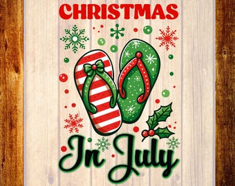 Chanclas de verano con diseño DTF, diseño de camiseta "Navidad en julio", decoración navideña roja y verde