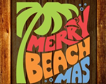 Transferencia digital Merry Beachmas, diseño de camiseta "Navidad en julio", estilo vintage de los años 70, listo para prensar.