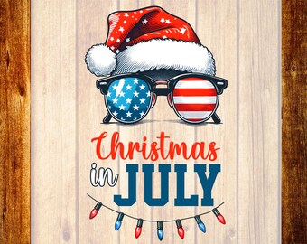Gafas de sol con la bandera estadounidense, diseño DTF, camiseta de Papá Noel de verano, Navidad en julio, listas para imprimir.