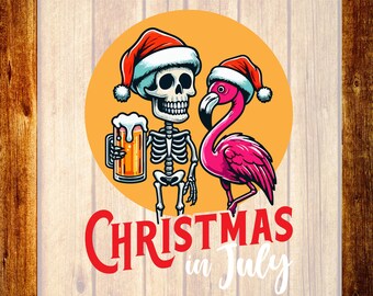 Navidad en julio Esqueleto DTF Transferencia, Diseño de camiseta de Papá Noel Flamenco, Divertido verano listo para prensar