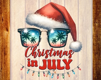 Gafas de sol de Papá Noel de verano, diseño DTF, camiseta navideña en julio, celebración de verano lista para imprimir.