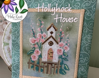 Hollyhock House cross stitch PDF pattern - flowers on a garden fence with a birdhouse