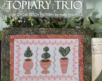 Topiary Trio cross stitch PDF pattern - Stitched garden topiary in pots, simple to make