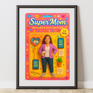 Figura de ação "Super Mãe" personalizada | Presente personalizado para o Dia das Mães | Lembrança digital para download | Embalagem de brinquedo com estilo de desenho animado