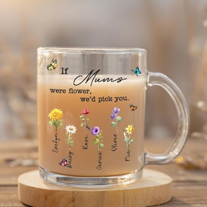 Personalized Grandma&#39;s Garden Glass Mug, Custom Birth Flowers and Names, Personalized Names Flowers Mug, Mama&#39;s Garden Mug, Gift for Mother