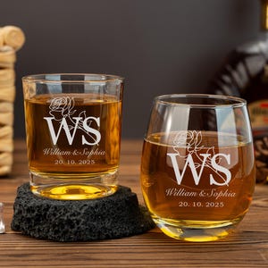 Personalized Wine & Whiskey Gift Set-Custom Gift for Couple- His and Hers Glasses- Engagement Gift Set - Wedding Glass Set - Carved Initials