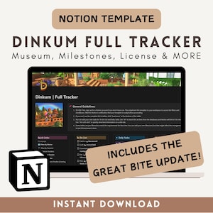 Dinkum Full Notion Tracker | Gezellige digitale spelplanner voor musea, mijlpalen, vergunningen en meer