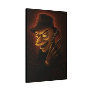Freddy Krueger Simpsons Canvas | Horror Movie Mashup Wall Art | Elm Street Cartoon Decor | Unique Fan Gift
