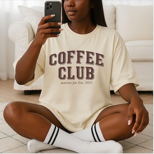 Coffee Club Comfort Colors Tee, Cozy Neutral Graphic Shirt | Vintage Coffee Aesthetic | coffee lover gift, Barista Gift, varsity aesthetic