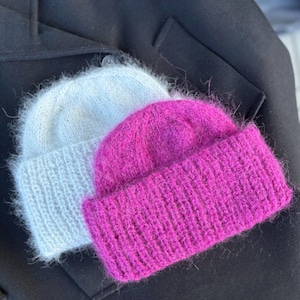 Bonnet en grosse maille | Chapeau à bord plié en mohair duveteux (Patron PDF)