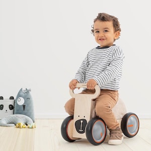 Wooden Baby Walker & Ride-On Toy – Soft Plush Seat, Adjustable Speed Wheels – Montessori Toddler Push Toy – First Birthday Gift (10+ Months)