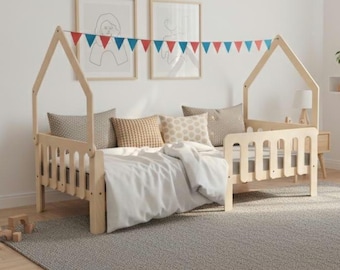 Wooden Kids Bed Frame: House Style with Optional Roof and Legs Small 140x70 Cm
