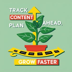 Könnte beinhalten: Ein gelber Pfeil, der nach oben zeigt, mit den Worten "TRACK CONTENT PLAN AHEAD, GROW FASTER" in roter und weißer Schrift. Eine grüne Pflanze mit einem roten Topf wächst an dem Pfeil nach oben.