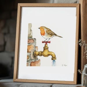 Robin on Garden Tap- Wildlife | British Bird Watercolour Art Print