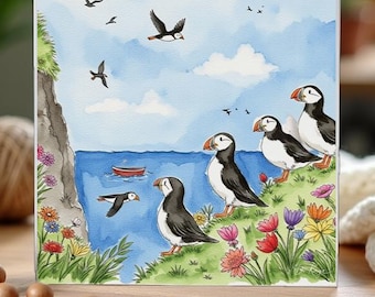 Puffins on the Cliff – Greeting Card | Wildlife Art | Watercolour Illustration